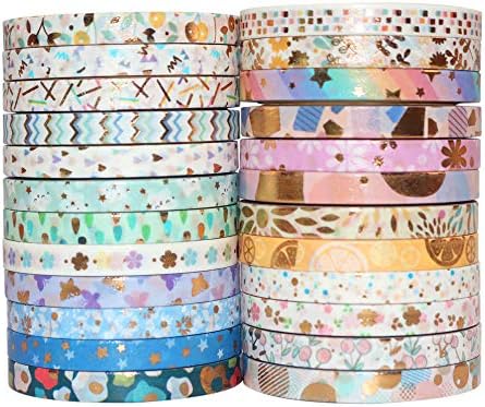 YUBBAEX 24 Rolls Skinny Washi Tape Set Gold Foil Print Decorative Tapes for Arts, DIY Crafts, Bullet Journals, Planners, Scrapbooking, Wrapping (Basic 5mm)