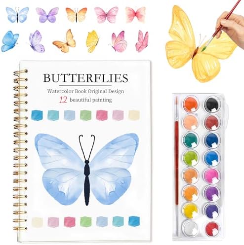 Easy Watercolor Workbook for Beginners - 12 Beautiful Step-by-Step Paintings Water Coloring Book, Includes 16 Colors Paints, Relaxing Art Projects and Creative Gift for Adults & Teen (Butterflies)