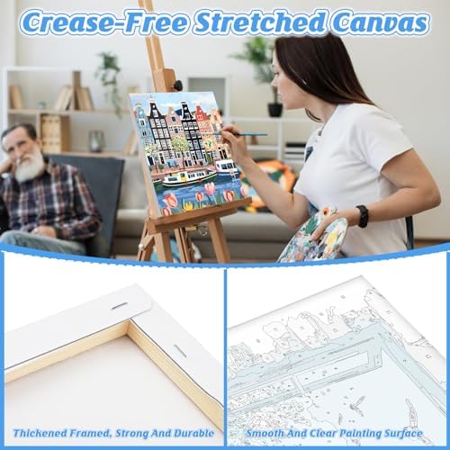 KEYIFA Paint by Numbers for Adults on Framed Canvas - with Wooden Easel, Amsterdam Painting by Number Kit for Beginners, DIY Netherlands Acrylic Paint-by-Number Kits for Home Wall Decor (8x12 inch)