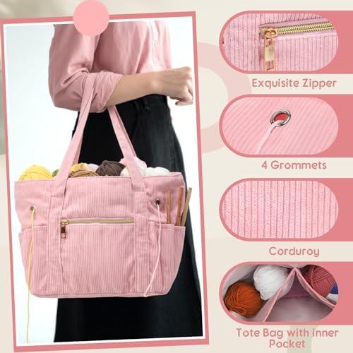 Bulyoou 2 Pcs Crochet Tote and Yarn Bag Set Corduroy Yarn Holder,Pink