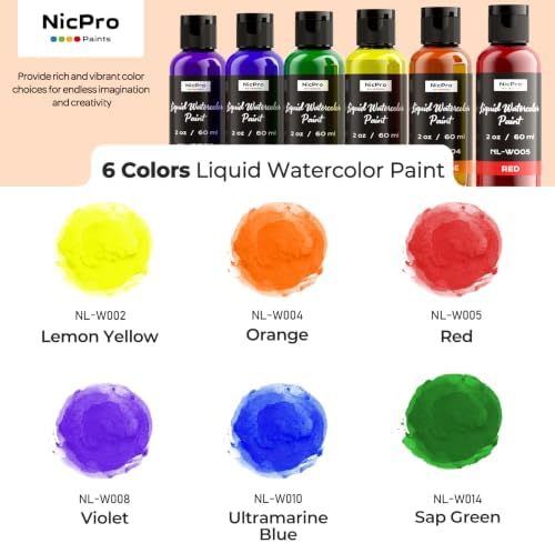 Nicpro 6 Colors Liquid Watercolor Paint Set, 2 oz Concentrated Water Color