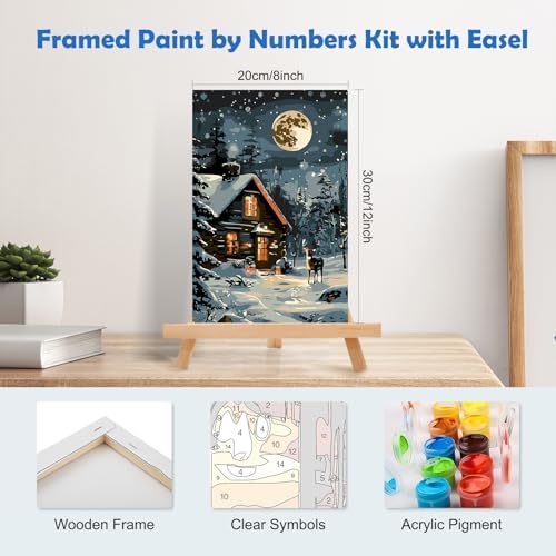 MOGTAA Christmas Winter Paint by Numbers Kit for Adults Beginners with Frame, Christmas Deer Adult Paint by Number Kits on Canvas with Easel, Easy DIY Oil Painting Kits for Home Decor, 8x12in