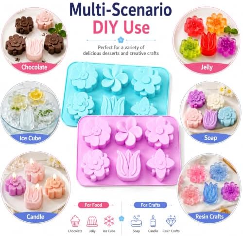 2 Pack 6 Cavity Tulip Flower Silicone Molds, Food Grade Flexible Reusable Molds Easy Release for Soap Bath Bomb Chocolate Candy Jelly Ice Cube, Microwave Freezer Dishwasher Safe