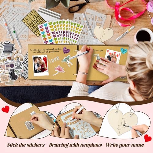 CY2SIDE Couples Photo Album Scrapbook - 111PCS The Story of Us Wooden Scrapbook Craft Kit with Heart Puzzle Brown Paper Sticker and Template for DIY, Romantic Anniversary Dating Gift for Him Her