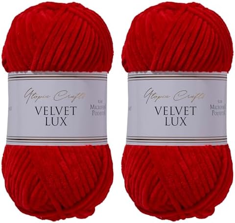 Velvet Lux Chenille Super Soft Chunky Yarn for Knitting and Crochet 2X 100g / 3.52oz (Red, 2 Pack)