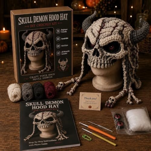 WEERSHUN Fantasy Hood Hat DIY Crochet Kit Series, Animal Hood Hat DIY Crochet Kit for Beginners, Complete Great Experience, Tutorial Guide, Yarn & Hook, Great Birthday Holiday Gift (Skull)