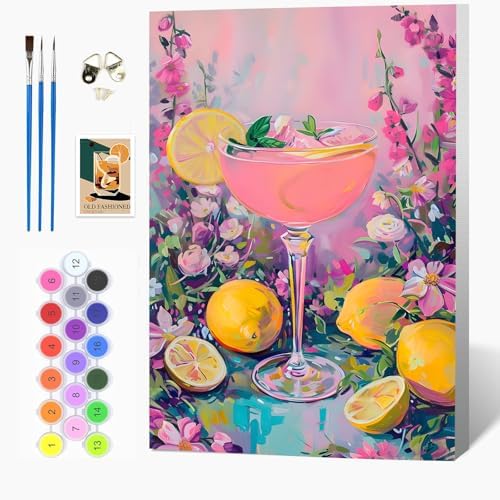 Auremi Lemon Paint by Number Kits for Adults,Cocktail Paint by Number on Canvas with Frame DIY Painting with Number Acrylic Oil Paint Kits for Home Decor 8x12 Inch