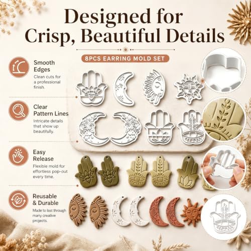 8Pcs Hamsa Hand Polymer Clay Cutters, Boho Moon Sun Molds