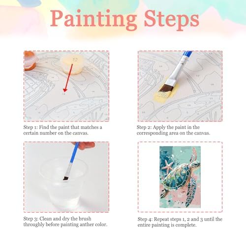 Auremi Turtle Paint by Number Kits with Framed, DIY Animals Paint by Number Canvas for Adults, Easy Acrylic in Canvas with Brushes for Decor 20x30cm
