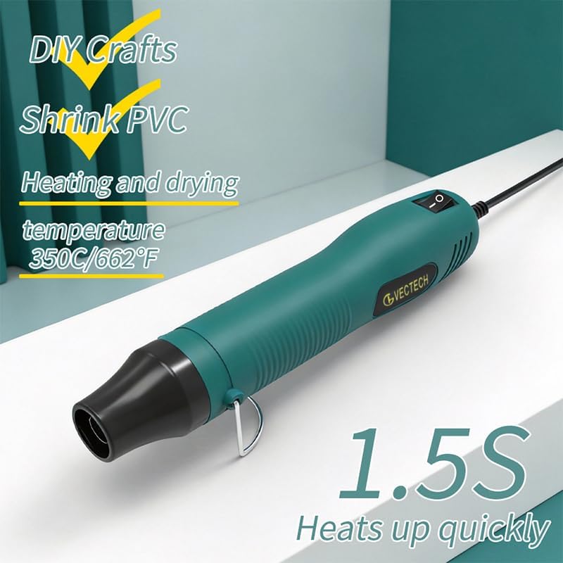 Mini Heat Gun, Dual Temperature Settings 482°F(250℃)&662°F(350℃) | Overload Protection,5.9Ft Long Cable,handheld,small,for craft ,plastic,shrink wrap bottles,resin,embossing