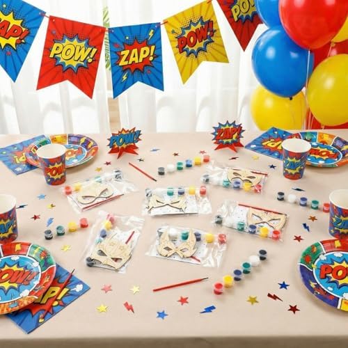 Weysat 24 Sets Color Your Own Hero Masks DIY Blank Masks Wooden Painting Craft Kits Include Beautiful Cards and Art Supplies for Boys Girls Birthday Party Graffiti Crafts Party Favors