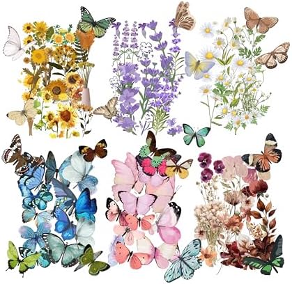 Transparent Flower and Butterfly Stickers for Scrapbooking, Journaling - Vintage Clear Floral Stickers - Waterproof Vinyl Nature and Aesthetic Decals, Gifts for Women & Men