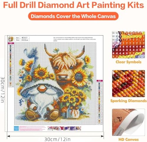 Axquilon Highland Cow and Gnome Diamond Art Kits for Adults, 14x14 inch