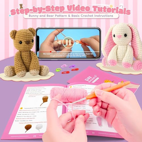 Bunny and Bear Crochet Kit for Beginners 2PCS Crochet Starter Kit for Adult