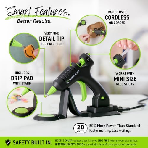 Surebonder Cordless/Corded High-Temperature Mini Hot Glue Gun with Fine Tip for Detailed Crafting and DIY Projects, 20 Watts (CL-195F)