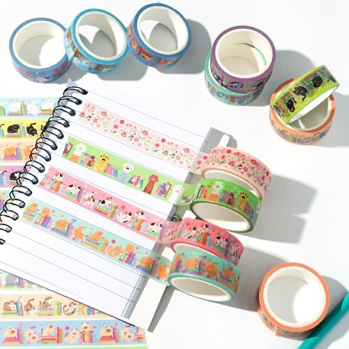 Cats Books Washi Tape - 24 Pcs Cute Trendy Colored Aesthetic Stacking Book Decorative Cat Paw Artistic Photo Scrapbook Masking Sided Adhesive Tape Set Supplies DIY Craft Bookish Gift Wrapping