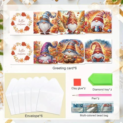 6Pcs Christmas Greeting Card DIY Diamond Art Painting Greeting Cards Blessing Folding Card Kit with White Envelopes Diamond Arts Crafts for Birthday Festival Gift-Goblin