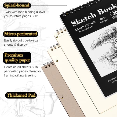 Humyoun 36 Pcs Top Spiral Bound Sketch Pad with Drawing Pencils Set, 5.5 x 8.5 Inch Sketchbook, 68lb(100gsm) Thick Paper, Charcoal & Graphite Pencils (12B-4H) for Shading, Artists & Beginners