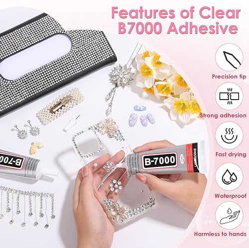 Jollidecor B-7000 Clear Fabric Glue, 2 PCS 50ML Rhinestone Jewelry Glue Super Strong Adhesive for All Purpose DIY Art Crafts Stone Beads Jewelry Repair