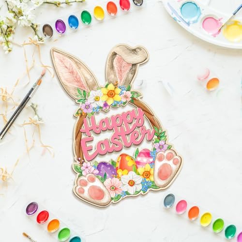 Large Size 12" Wooden Easter Ornaments to Paint, Wooden DIY Blank Unfinished Round Wood Discs Ornament Happy Easter Bunny Door Sign Hanging Sign Plaque Crafts Hanging Decorations 3PCS