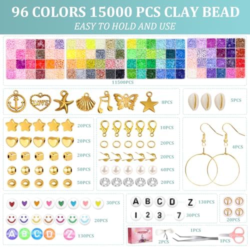 LEUCHTAMOR 15000PCS Clay Beads 96 Colors Friendship Bracelet Making Kit 4 Boxes Polymer Clay Beads Disc Clay Beads with Charms for Jewelry Making,Crafts Gifts