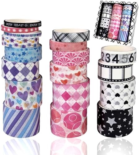 Washi Tape Set, 18 Rolls Washi Stickers, Assorted Sizes, for Junk Journal Scrapbook Tape, Bullet Journaling Scrapbooking Supplies, Planner Sticker DIY Craft DéCor (Pattern)