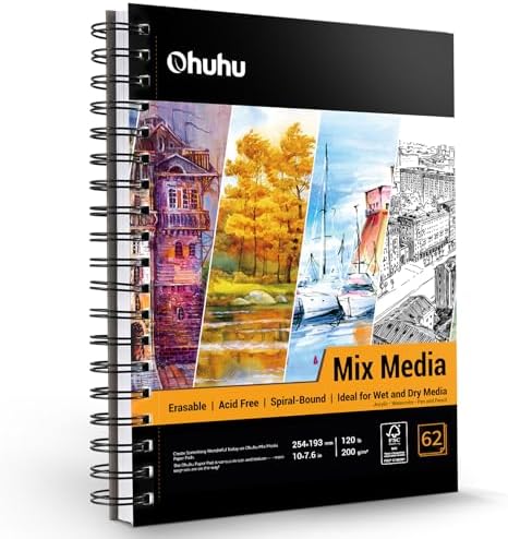 Ohuhu 7"x10" Mix Media Pad Art Sketchbook 62 Sheets for Painting Drawing | Large Sketch Book - 120 LB/200 GSM Heavyweight Paper - Spiral-Bound Mixed Media Paper for Watercolor Acrylic Christmas Gift