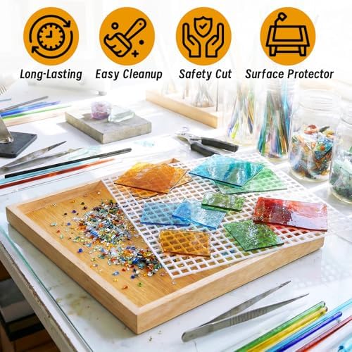Verdanzia Stained Glass Cutting Mat, 12"X12" Waffle Grid Mat for Glass Cutting, Stained Glass Cutting Board with Tray & Craft Cutting Mat, Stained Glass Supplies for Scoring and Cutting Glass (Wood)