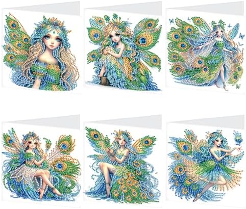Tontut 6pcs Diamond Art Painting Kit Greeting Card, Green Angel Butterfly 5D DIY Diamond Handmade Holiday Greeting Card with Envelope, Holiday Gift Congratulations
