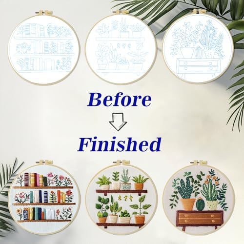ZuoAnLF 3 Set Embroidery Starter Kit Printed Cross Stitch Kit with Plant Shelf Patterns for Adults, Home Decor and Gifts