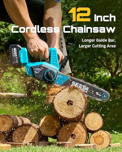 SEESII 12-Inch Electric Chainsaw Cordless, Brushless Motor | 2 x 4.0Ah Battery, Auto Oiling, Tree Saw with Tool-free Chain Tension, Wood Cutting Trimming Branch, Yard Work