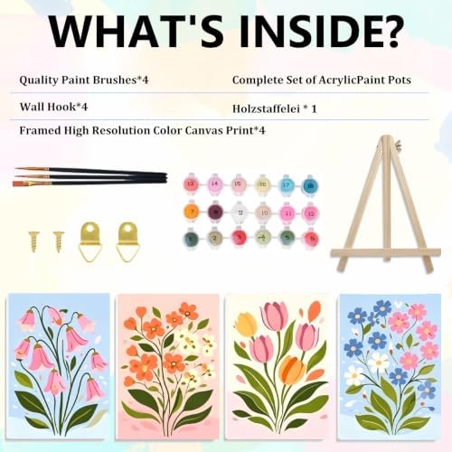 4 Pack Easy Flowers Framed Paint by Numbers Kit for Adults, 10x12 inch