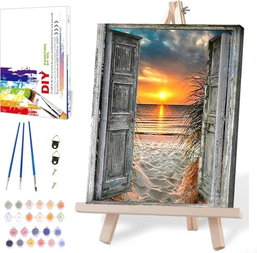 MIRCVSH Sunset Beach Paint by Numbers for Adults-Landscape Paint by Number on Canvas with Wooden Framed,DIY Acrylic Oil Painting by Number Kits for Adults Gift Home Wall Decor(12x16inch)