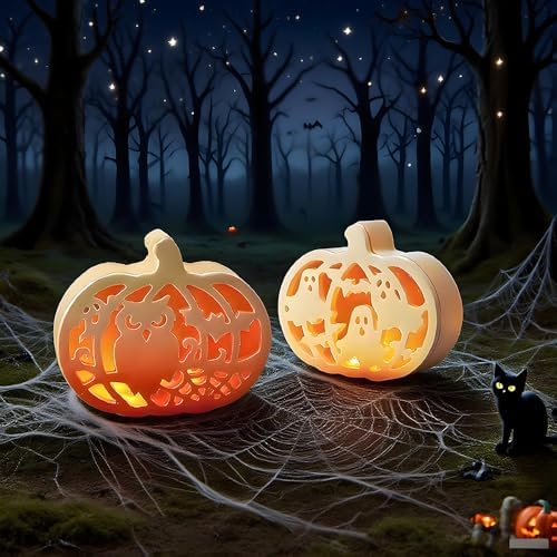 Halloween Pumpkin Lamp Molds Set – 3-Piece Resin and Plaster Molds for DIY Pumpkin Light Tabletop Decorations with Owl, Ghost, Bat, Haunted House Designs for Halloween Craft Projects