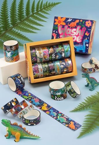 NANYNNU Dinosaur Washi Tape Set, 13 Rolls Silver Foil Cute Washi Tapes, Kawaii Floral Decorative Masking Tape for Journaling Supplies, Scrapbooking, Bullet Journal, Planner Decoration, DIY Crafts
