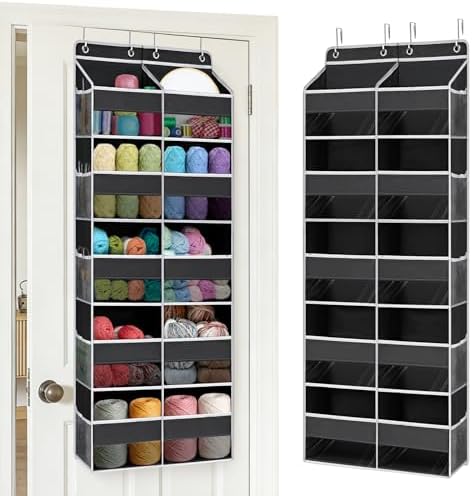 Over The Door Organizer, Hanging Yarn Storage Organizer with 10 Extra Large Clear Pockets and 10 Side Crochet Bags, Hanging Shelves for Yarn, Crochet Hooks, Knitting Needles Supplies Storage,Black