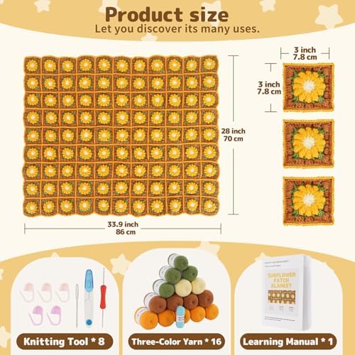 WILSHIN Granny Squares Blanket Crochet Kit for Beginners – Soft Yarns, Detailed Instructions & Step-by-Step Tutorials, Easy Crochet Starter Kit, Craft Gift for Adults (Brown Sunflower)