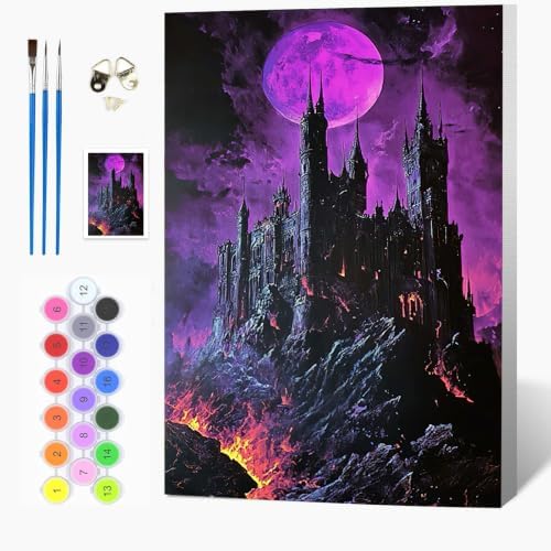 Auremi Halloween Night Paint by Number Kits with Framed, DIY Castle Paint by Number Canvas for Adults, Easy Acrylic in Canvas with Brushes for Decor 20x30cm
