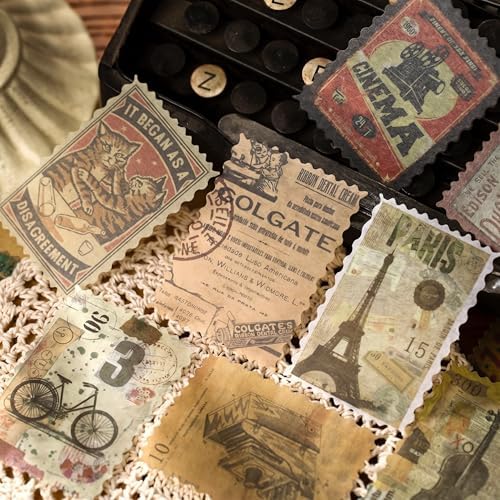 60pcs Vintage Postage Stamp Stickers, Aesthetic Modern Deco Paper Sticker for Scrapbooking, Journaling Supplies, Planners, Kid DIY Art Crafts