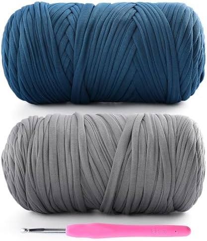 2 Pack Tshirt Yarn for Crochet - 800 G/260 Yds T Shirt Soft Elastic Fabric T-Shirt Yarn for Crocheting Bags Baskets Home Decor with 1 Crochet Hook (2, Light Grey+Denim Blue)
