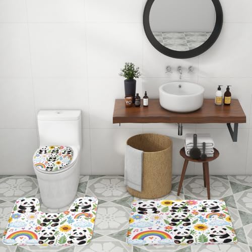 Cartoon Animal Baby Panda Shower Curtain Sets 4 Piece,Kawii Spring Forest Rainbow Bathroom Decor Sets with Rugs,Aesthetics Flowers Bamboo Leaves Waterproof Toilet Lid Cover Bath Mat