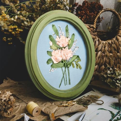 FONNUY Ribbon Embroidery 3D Flowers Pattern Design Kit Embroidery DIY Handwork Set Oval Home Decoration (Champagne Rose)