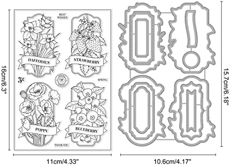INFUNLY Spring Flower Clear Stamps and Dies Set Strawberry Fruits Floral Transparent Silicone Stamps Label Cutting Die for Card Making DIY Craft Scrapbooking Christmas Greeting Card Decor