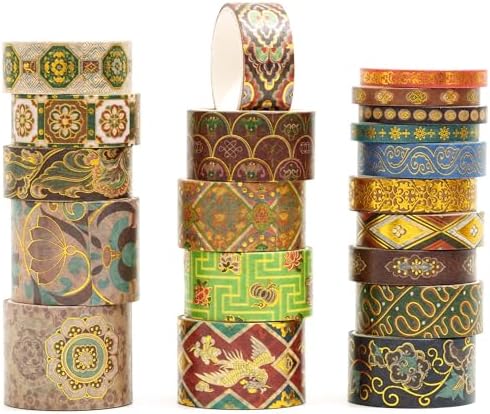 20 Rolls Chinese Style Washi Tape Set, Ancient Palace Pattern Decorative Masking Tapes with Gold Foil, Various Sizes for Craft, Scrapbook, DIY, Gift Wrapping (12-Golden Phoenix Court)