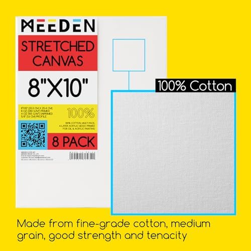 MEEDEN Stretched Canvas, 8 × 10 Inch, Pack of 8, Blank White Canvases for Painting, 100% Cotton, 9 oz Gesso-Primed, Pre-Stretched Canvas for Acrylic Oil Pouring & Airbrushing Painting
