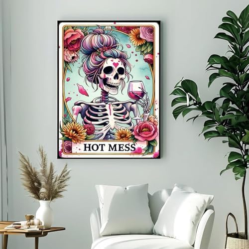 ckdiluy 5D Diamond Art Painting Kit, Hot Mess Floral Skull Design, Full Drill Round Crystal Paint with Accessories, DIY Wall Home Decor, Adult Crafts Gift 12x16 Inch