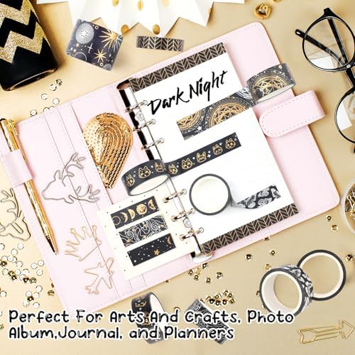 9 Rolls Mystic Gold Washi Tape Set,Gold Foil Vintage Black Pattern Decorative Tape,Butterfly Star Moon Decorative Masking Tapes for DIY Scrapbook Design Journaling Handbook Making Card Wrap Craft Gift
