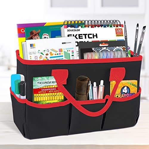 Desktop Tote and Organizer, Teacher Helper caddy Bag for Arts, Books, Stationery, Office Desk Organization, Make-up Storage with Handles for Travel (Black)