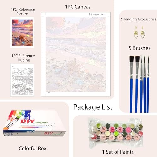Muzagroo Paint by Numbers Oil Painting Kits for Adults DIY Beach Oil Painting for Beginners Hand Crafts Kits with Brushes and Acrylic Paints 16x20 inches (Beach)