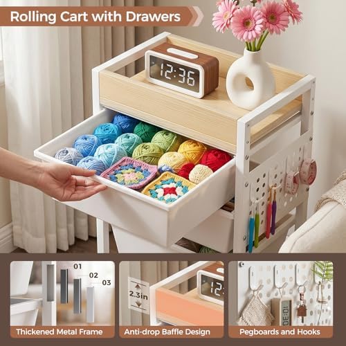 5 Tier Rolling Cart with Drawers, Plastic Drawer Storage Craft Cart with Pegboards & Hooks, Metal Utility Cart with Wheels & Wooden Tabletop, Classroom Office Art Supply Organizers and Storage, White